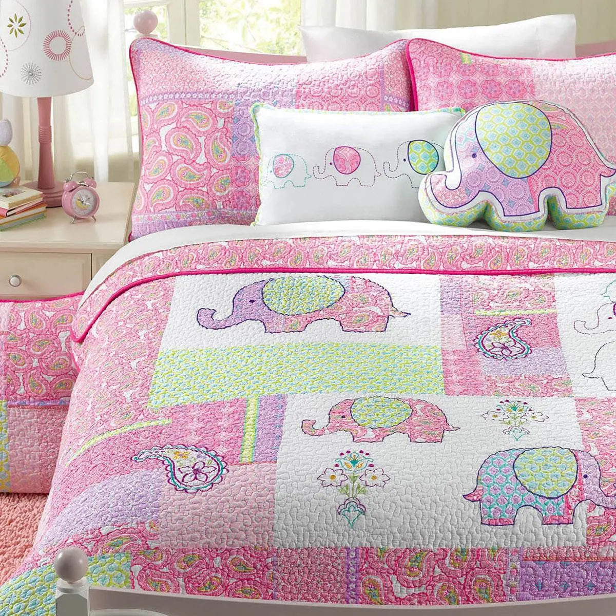 Pink Elephant Paisley Print Patchwork Cotton Reversible Quilt Bedding Set