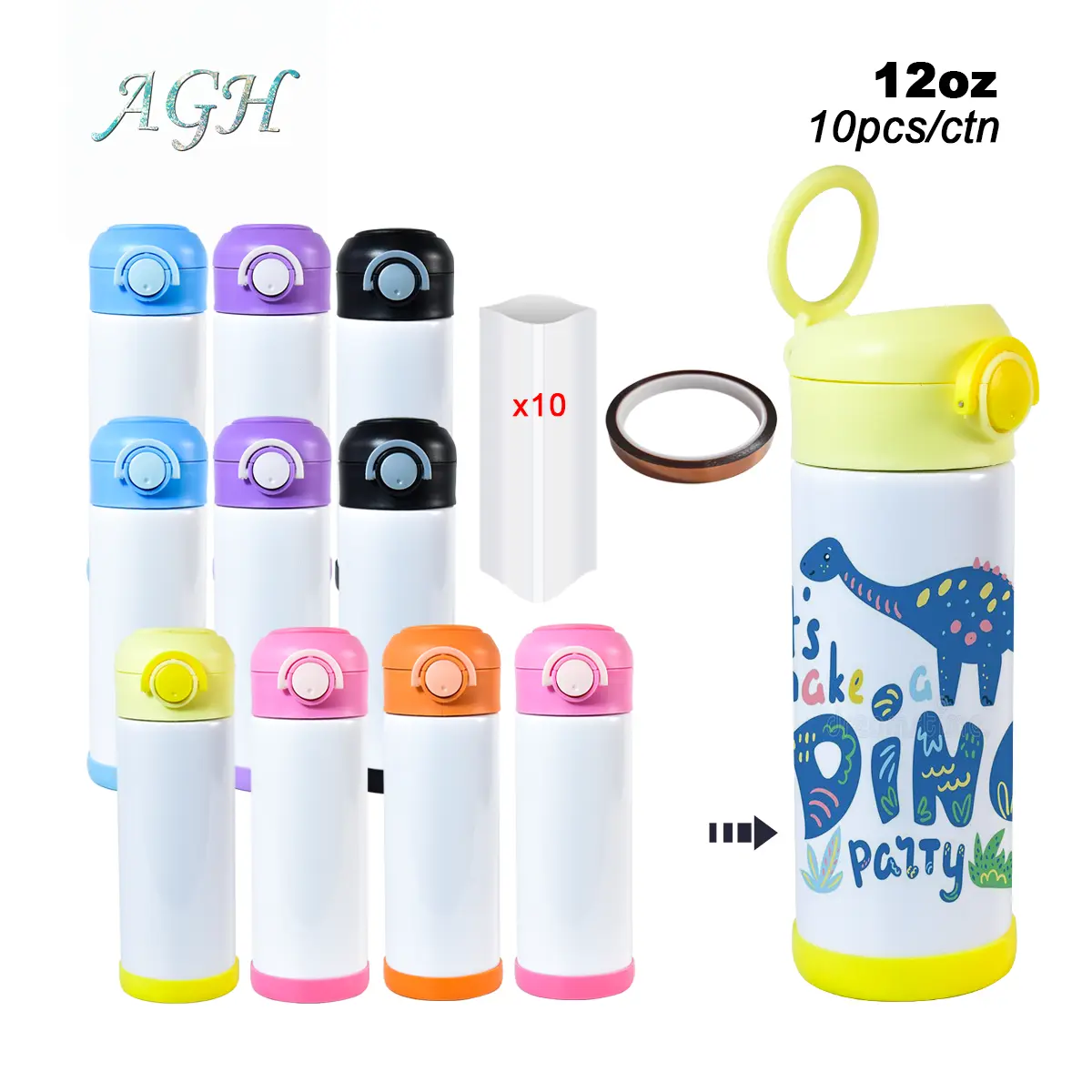 AGH US NEW 12OZ Stainless Steel Sublimation Water Bottler Tumbler with Handle Lids & Rubber Bottom & Shrink Wrap, mixed color, gift individual box