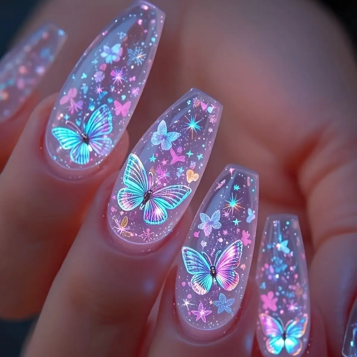 Medium-Length 24pcs Glossy Butterfly False Nails, Transparent Ballet Design, Detachable Fake Nail Tips, Blue Butterfly False Nails for Daily Use, Summer Nails, Glittering Fake Nails