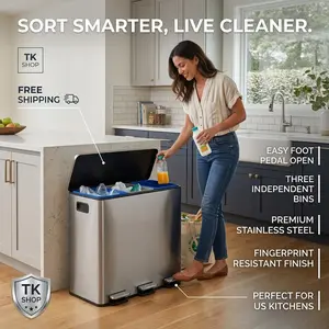 Garvee 45L Stainless Steel Trash Can 12 Gallon 3 Compartment Recycling Bin With Soft Close Lids Step Pedal And 3 Removable Inner Buckets Fingerprint Resistant