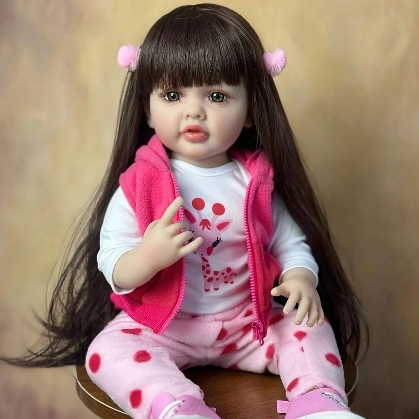 22 Inch Lifelike Reborn Baby Doll Girl, Real Soft Silicone Vinyl Long Hair Toddler Doll with Pink Outfit, Handmade Realistic Newborn Toy Gift for Kids Collectors
