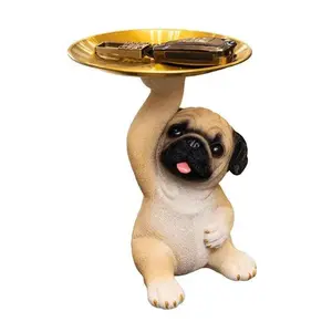 Creative Animal Pug Statue Storage Tray Cute Dog Key Candy Snack Storage Plate Sculpture Ornaments Table Top Decor