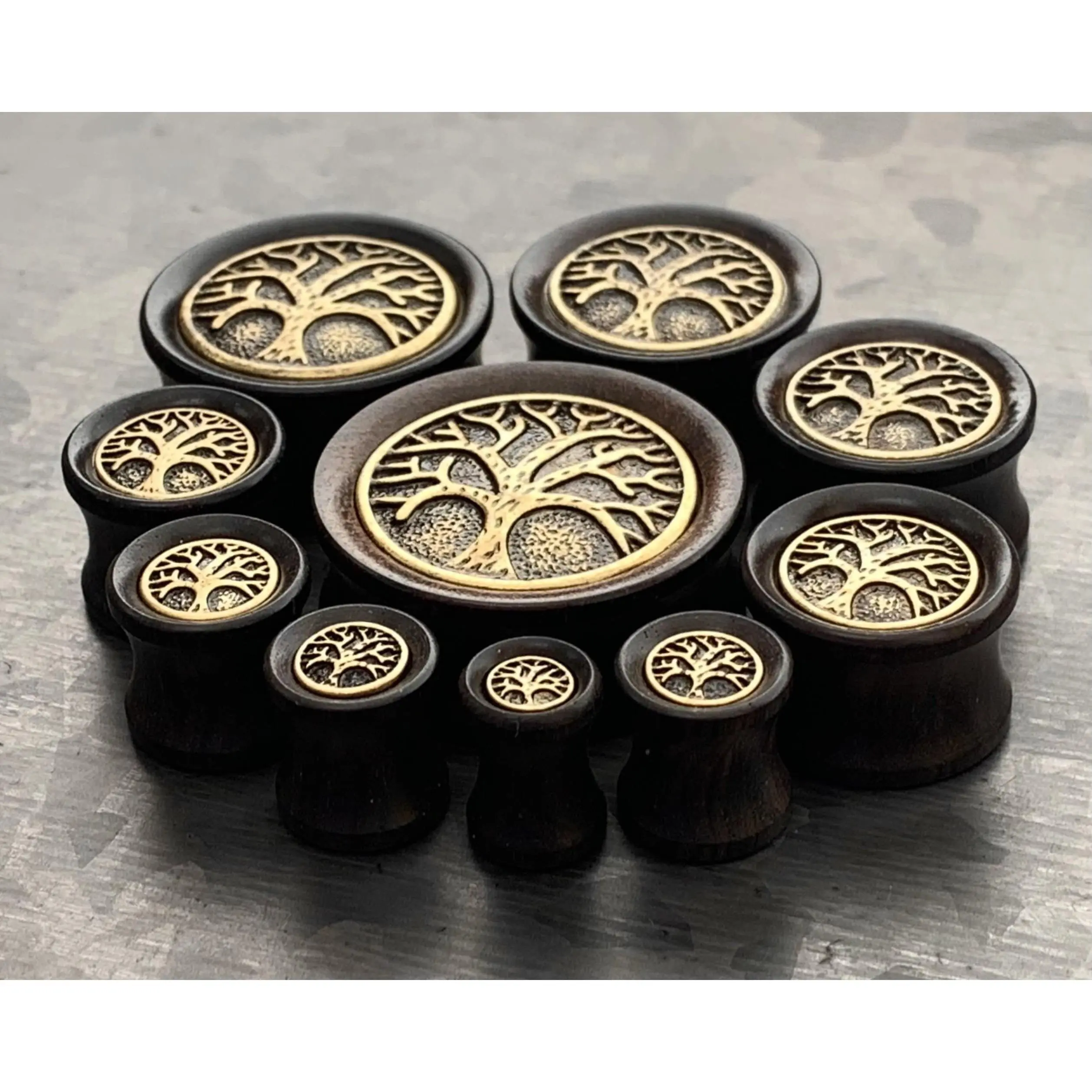 PAIR of Beautiful Organic Ebony Wood Plugs with Tree of Life Top Saddle Plugs - Gauges 2g (6mm) up to 1" (25mm)
