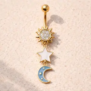 Gold Plated Sun, Moon & Star Belly Button Dangle Navel Ring