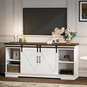 Farmhouse Television Stand for 65-Inch TV - White Barn Door, Storage Shelves, Modern TV Console Cabinet for Living Room Indoor Furniture