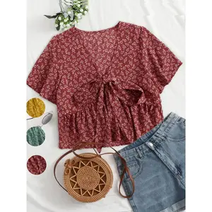 【 plus size 】 Printed tie front crop top, casual short sleeved crop top suitable for daily wear, Four Seasons Women's Plus clothing, women's shirtRAIMENTRY