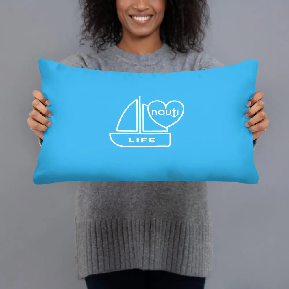 "NAUTI boat life" pillow in deep sky blue with white logo