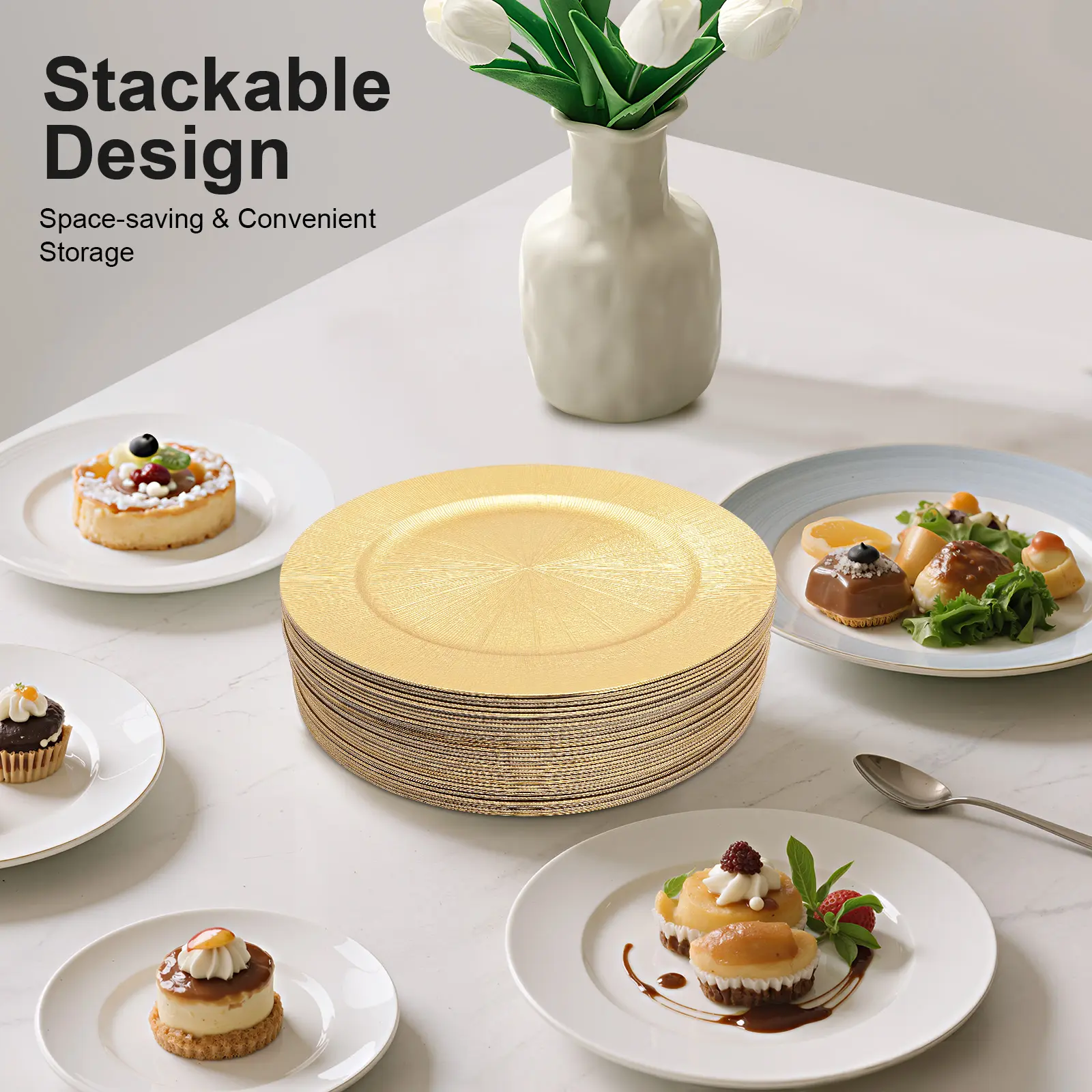 CNCEST 50-Pcs 13-in Round Glossy Polypropylene (PP) Plastic Charger Plates Set, Disposable Black/Silver/Gold Platters Bundle, Party Supplies for Weddings, Banquets