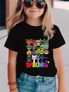 Girls' Sprunki Beats Team Game T-Shirt - Breathable, Moisture-Wicking Crew Neck Short Sleeve Tee with Fun Cartoon Characters, Perfect for Casual Streetwear, Summer Fashion for Boys and Teens Over 3 Years Old, Casual Summer Wear | Playful Graphic Tee