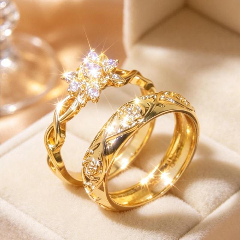 Women's 2-Piece Female Engagement Ring Set - Gold-Plated Metal Coating Copper-Gold Alloy Floral Band, Cubic Zirconia Layered Twisted Vine Pressed Rose Designs 3D Engraving Low-Allergenic Anti-Drop Ring for Anniversary, Everyday Wear