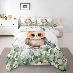 Kids Cute Animal Bedding Set,for Girls Boys Cartoon Owl Comforter Setspring Eucalyptus Bedding Comforter Set,Watercolor Leaves Duvet Insert,Kawaii Jungle Animal Down Comforter