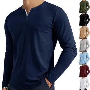Men’s V-Neck Long-Sleeve Casual Henley Cotton T-Shirts Slim Fit Longline T-Shirts