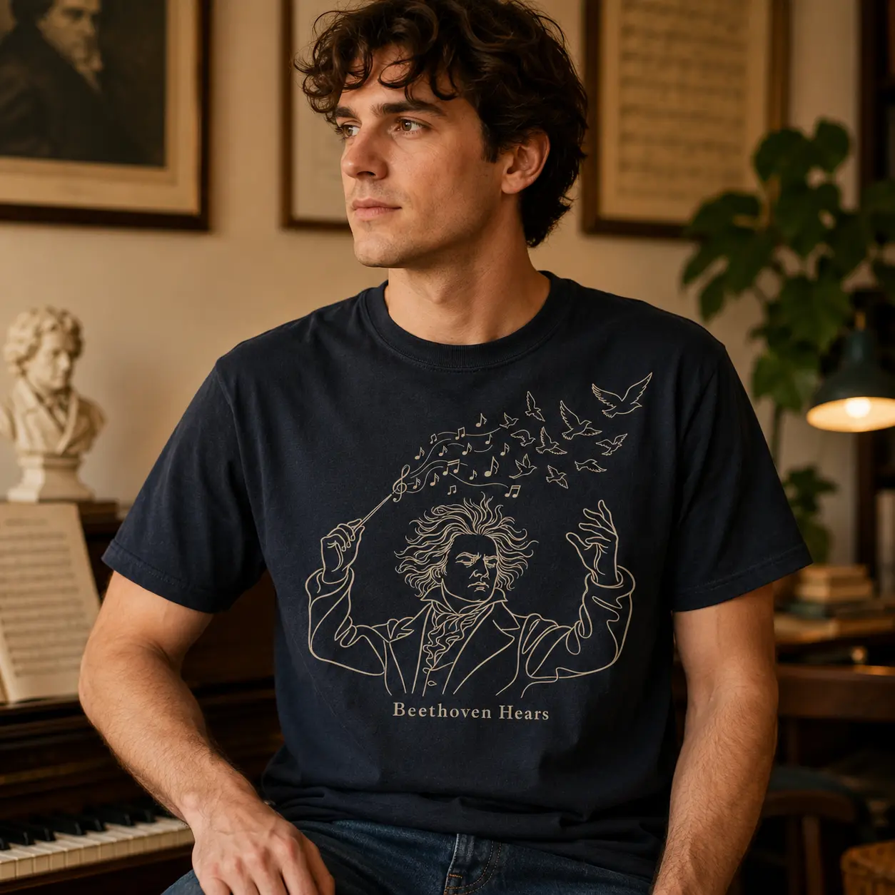Women's Personalized Beethoven Hears Graphic Sweatshirt - Classical Composer Music Apparel, Vintage Conductor Line Art Short-Sleeve Tee, Relaxed Fit Black Crewneck, Retro Music Lover Unisex Casual Top
