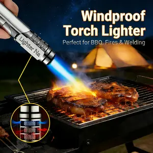 High-Temperature Windproof Spray Gun Butane Torch Lighter, with Safety Lock & Powerful Blue Flame, Metal Outdoor Blowtorch for BBQ, Camping, Welding, Stoves & Gifts (Butane Gas Not Included)