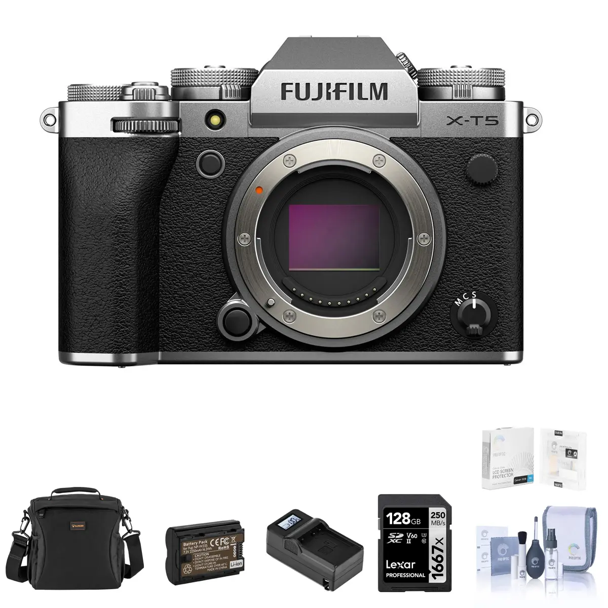 Fujifilm X-T5 Mirrorless Camera, Silver Bundle with 128GB SD Card, Shoulder Bag, Extra Battery, Charger, Screen Protector, Cleaning Kit