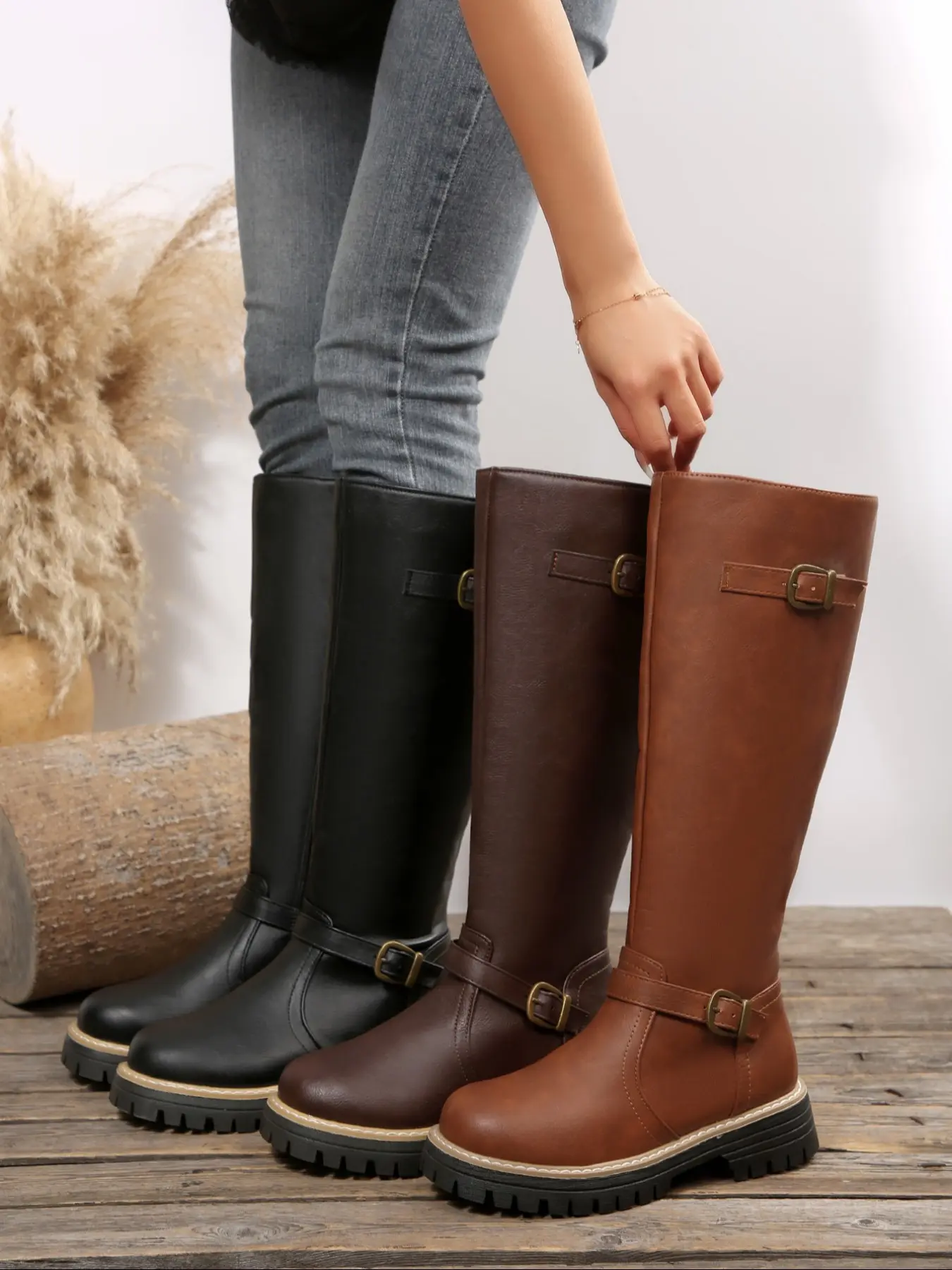Women's Winter Tall Wide-Calf Boots, Western Style Round Toe Thick Sole Motorcycle Boots, Durable Comfortable Design, Casual Wear, Winter Warm Boots