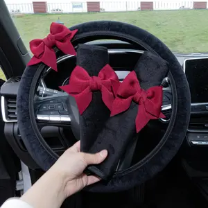 3pcs Cute Bowknot Car Steering Wheel Cover Set, Premium Soft Plush Fleece, Anti-Slip No Shedding, 15 Inch, with Seat Belt Pads, Car Interior Decor