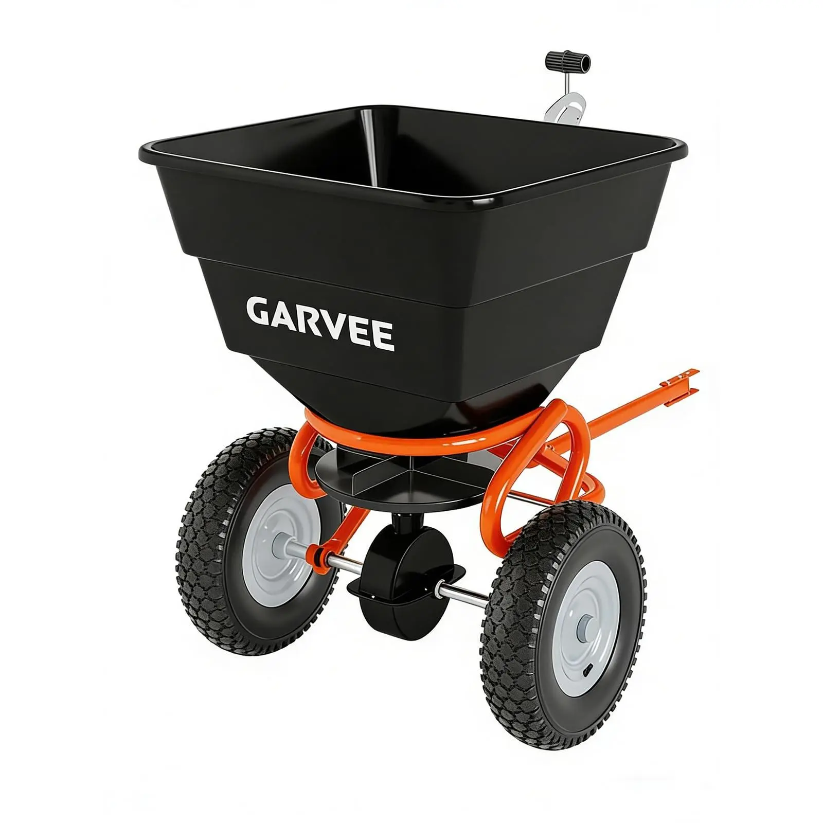 GARVEE Tow-Behind Broadcast Spreader, 130 Lbs Capacity Pull Lawn & Garden Broadcast Spreader with 10" Tires and Adjustable Flow Control for Fertilizer, Seed, Salt and Ice Melt for ATV, Tractor(Black+Orange)