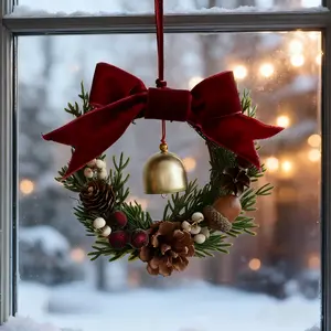 Christmas Wreath Bow Bell Garland Door Hanging, Christmas Tree Pinecone Vine Circle Ornament Wall Decoration, Festive Holiday Decor
