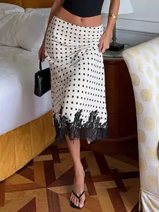 Polka Dot Satin Lace Midi Skirt, Low Waist Y2K Style, Slim-Fitting Floral Pattern, Elegant Office Wear, Versatile Summer Skirt for Women, Womenswear