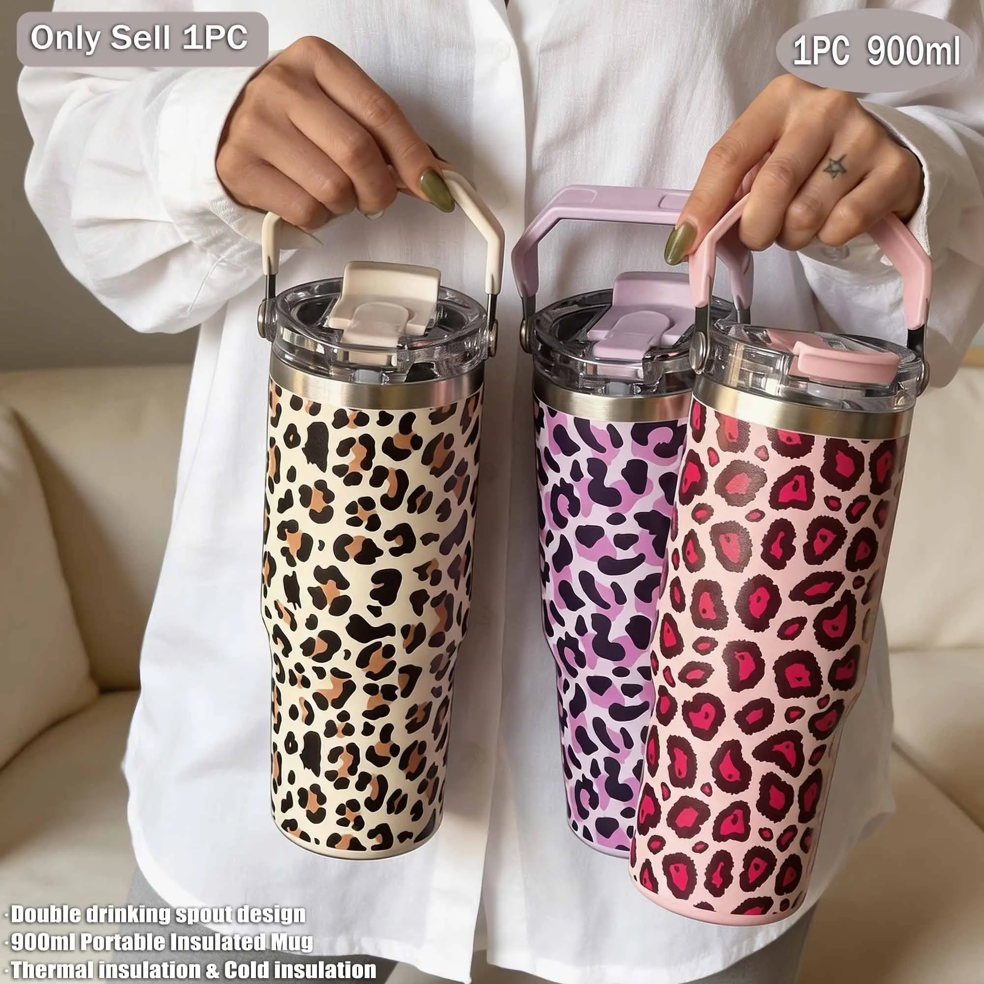 900ML Stainless Steel Insulated Cup, Thermos Coffee Mug, Kitchenware Vacuum Flask, Portable, Travel Mugs Insulated For Hot And Cold, Leopard Pattern, Leopard Print Tumbler, Dual Layer, Vacuum Bottle, Outdoor, Office, Home, Travel, Gift Ideas