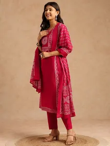 Pink Cotton Bandhani Straight Print Stitched Kurta Set