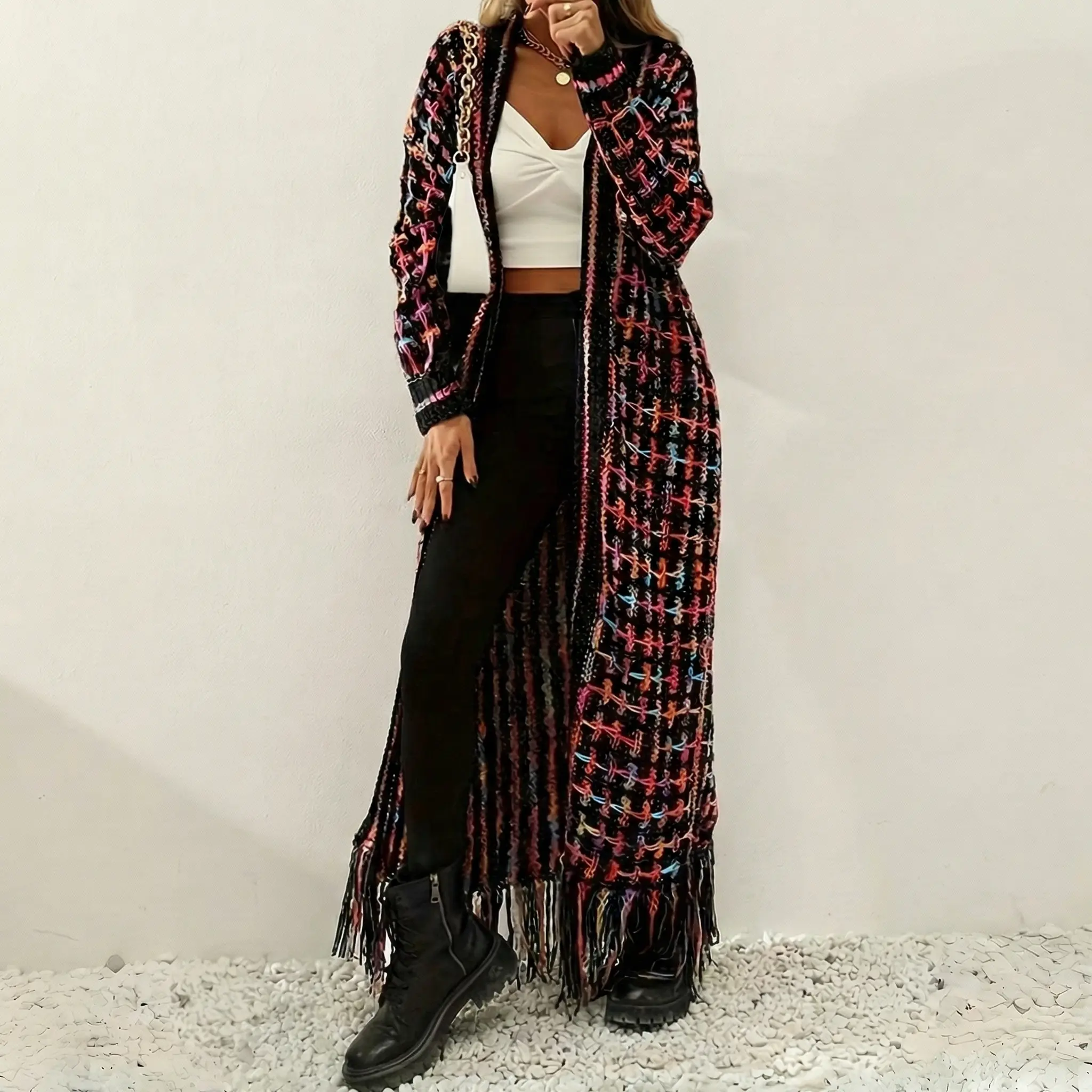 Women's Fall Winter Warmth Bohemian Casual Multi-Color Geometric Pattern Fringe Tassels Plaid Collar Hem Open Front Loose Fit Long Sleeve Cardigan Sweater Coat Outfit Knitwear Cute Girl, Aesthetic, Stylish