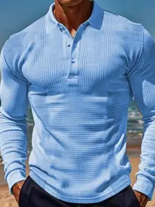 Men's Fall Winter Casual Fitted Polo Shirt, Waffle Knit Long Sleeve, Collar Design, Comfortable Texture, Suitable for Daily Wear & Outdoor Sports