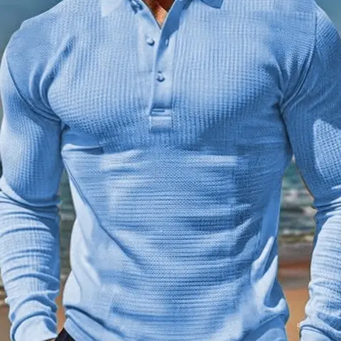 Men's Fall Winter Casual Fitted Polo Shirt, Waffle Knit Long Sleeve, Collar Design, Comfortable Texture, Suitable for Daily Wear & Outdoor Sports, Knitted Polo Shirts
