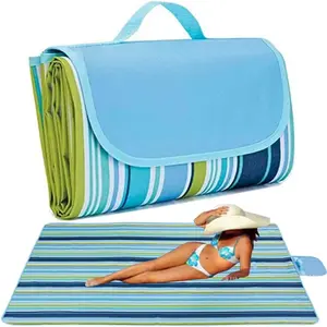 [USA Stock] - Large Picnic Blanket, Beach Blankets(80X60) Inch Sandproof Beach Mat for 3-5 Adults Waterproof Quick Drying Outdoor Picnic Mat for Travel Camping Park Lawn (Blue Stripes)
