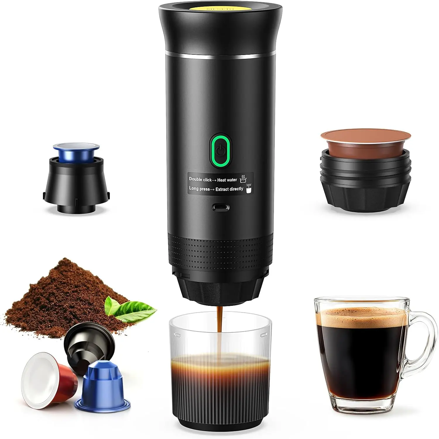 Portable Espresso Maker Travel Coffee Machine for Camping, Car Self-Heating USB-C Compatible with Ground Coffee & NS Capsules, RV, Hiking, Home