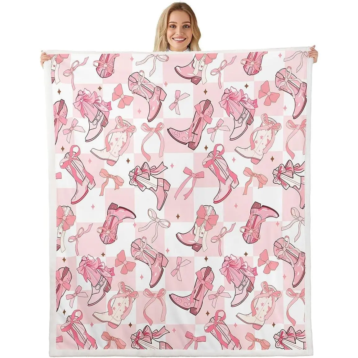 Western Cowgirl Boots Fleece Blanket,Cartoon Princess Style Pink Bowknots Starry Bed Blanket for Adults Teens,Pink White Plaids Patchwork Room Decor,Super Soft Flannel Blanket