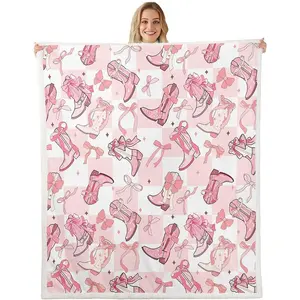 Western Cowgirl Boots Fleece Blanket,Cartoon Princess Style Pink Bowknots Starry Bed Blanket for Adults Teens,Pink White Plaids Patchwork Room Decor,Super Soft Flannel Blanket