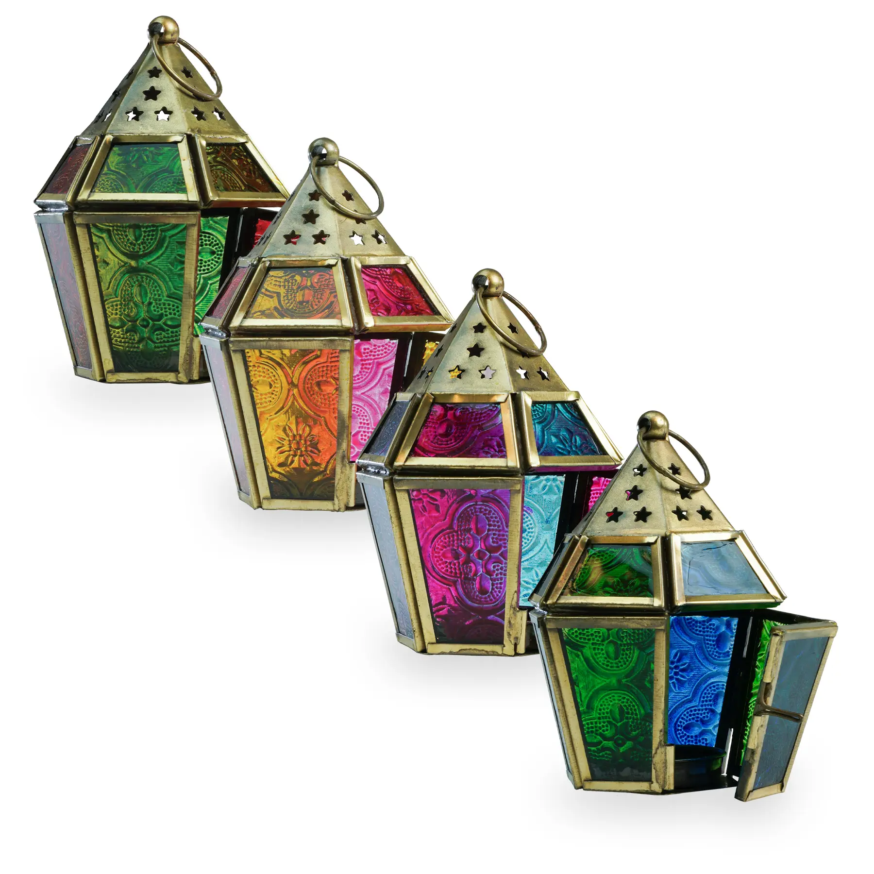 In the Breeze Mini Hex Tealight Lantern - Moroccan-Style Boho Chic Glass & Metal Tabletop Lantern with Stamped Painted Glass Panels and Metal Frame