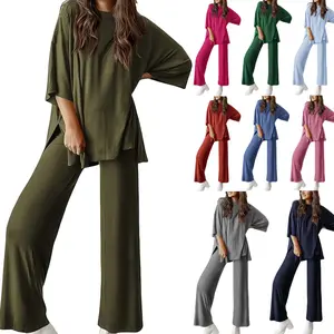 2 Piece Outfits for Women Loungewear Sets Oversized Short Sleeve Top Wide Leg Pants Casual Matching Sets Soft Milk Silk