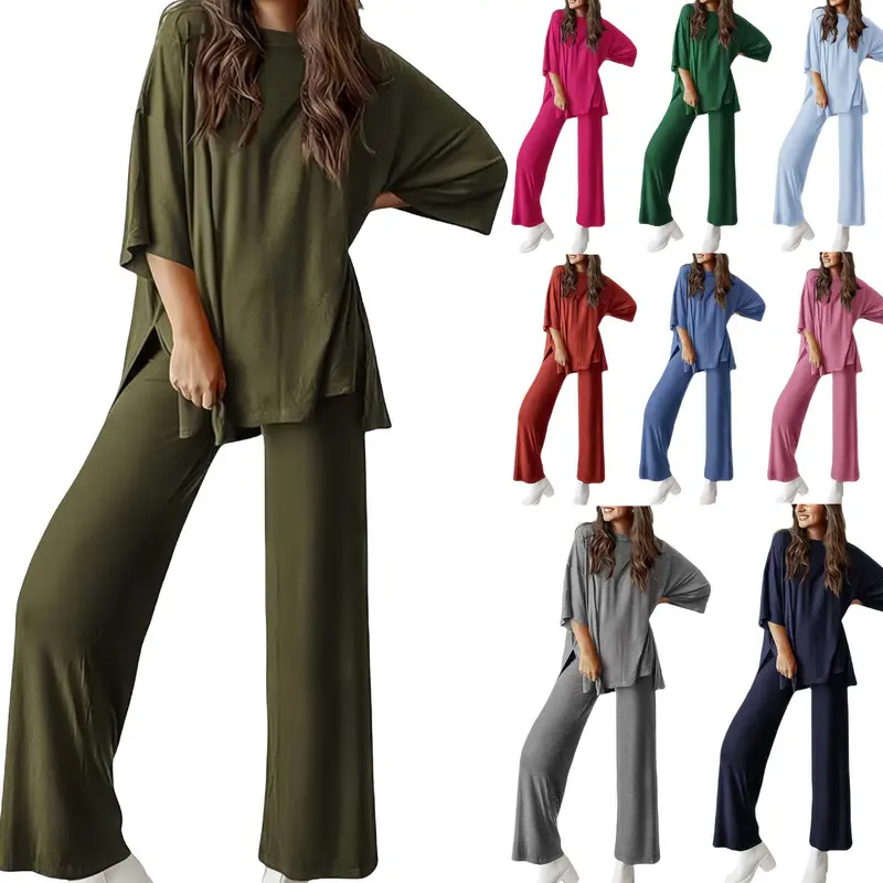 PHEFEE 2 Piece Outfits for Women Loungewear Sets Oversized Short Sleeve Top Wide Leg Pants Casual Matching Sets Soft Milk Silk