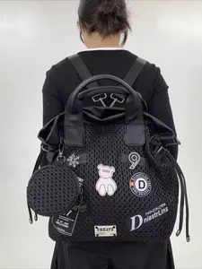 Ladies' bucket shaped casual large capacity mesh backpack, Traveler essentials backpack, multifunctional bag, drawstring design, Y2K retro street style city bag handbag, Backpacks Women, Casual Lightweight Backpack, suitable for daily use and commuting