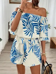 Spring Summer New Beach Vacation Print One Shoulder Jumpsuit, Waist Cinching Casual Overall Pants, Women's Fashion