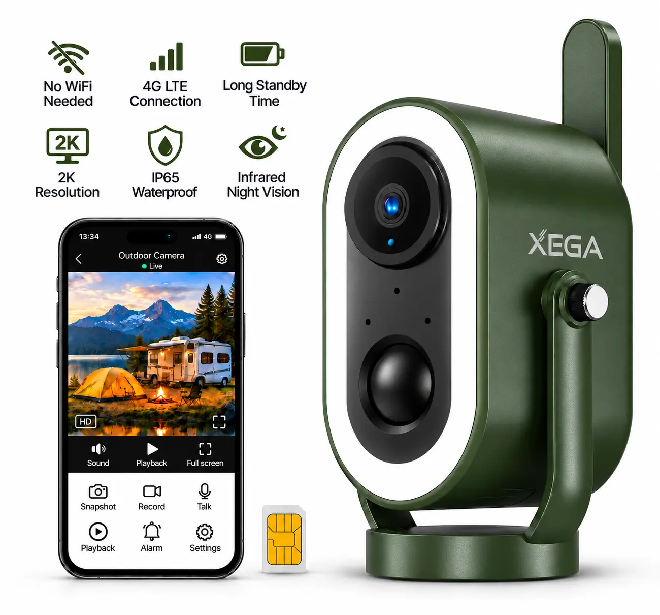 XEGA 4G LTE Trailer Camera, 2K HD Wireless Outdoor Security Camera, 6000mAh Battery, PIR Human Detection, Magnetic Mount, Night Vision, Built-in Light, IP65 Waterproof, Instant Alarm for RV, Camping (Outdoor Gadgets)