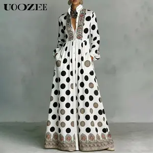 UOOZEE Women's New 2026 Bohemian Polka Dot Slim Fit Big Hemline Puff Sleeves Stand Collar Maxi Dress, Tribal Print Long Sleeve Button-Front Dress with Pockets, Vacation Shirt  Dress, Tall Length (Ladies with C - Cup and Above Need To Order Two Size Up)