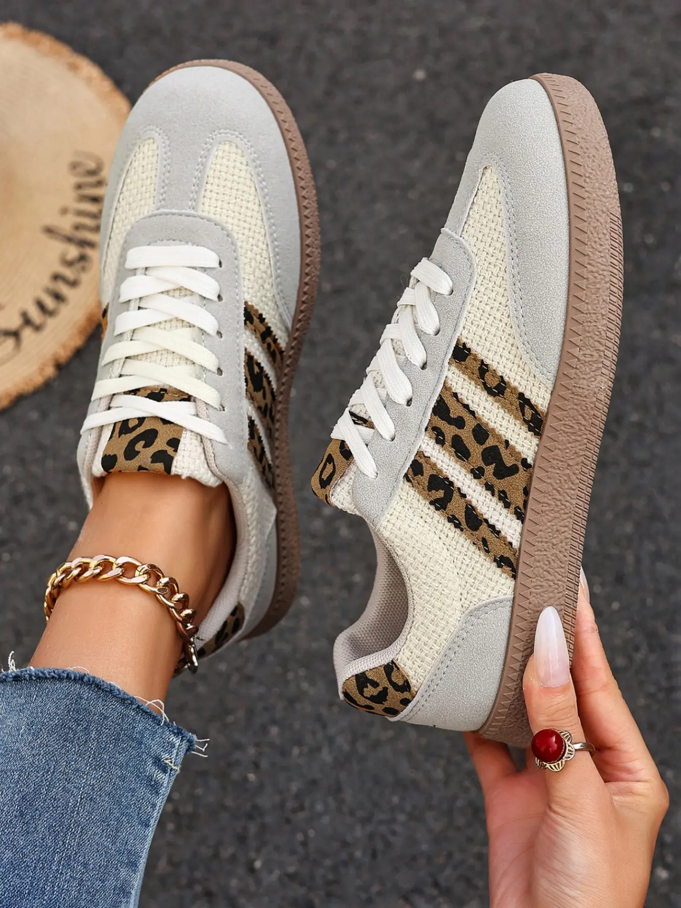 VINTAGE Cheetah Athletic Sneakers in Neutral Beige with Hook-and-Loop Straps Women main image 3