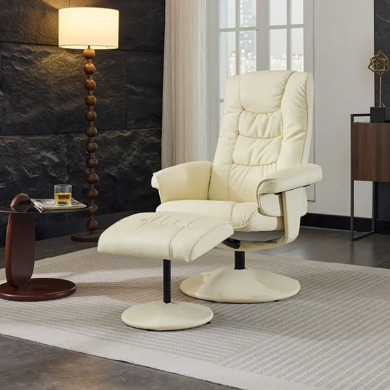 Recliner Chair with Ottoman, 360° Swivel Massage Lounge Chair with 5-Point Vibration & Heated Seat, 140° Adjustable PU Leather Recliner for Living Room, Home Theater or Office, Beige
