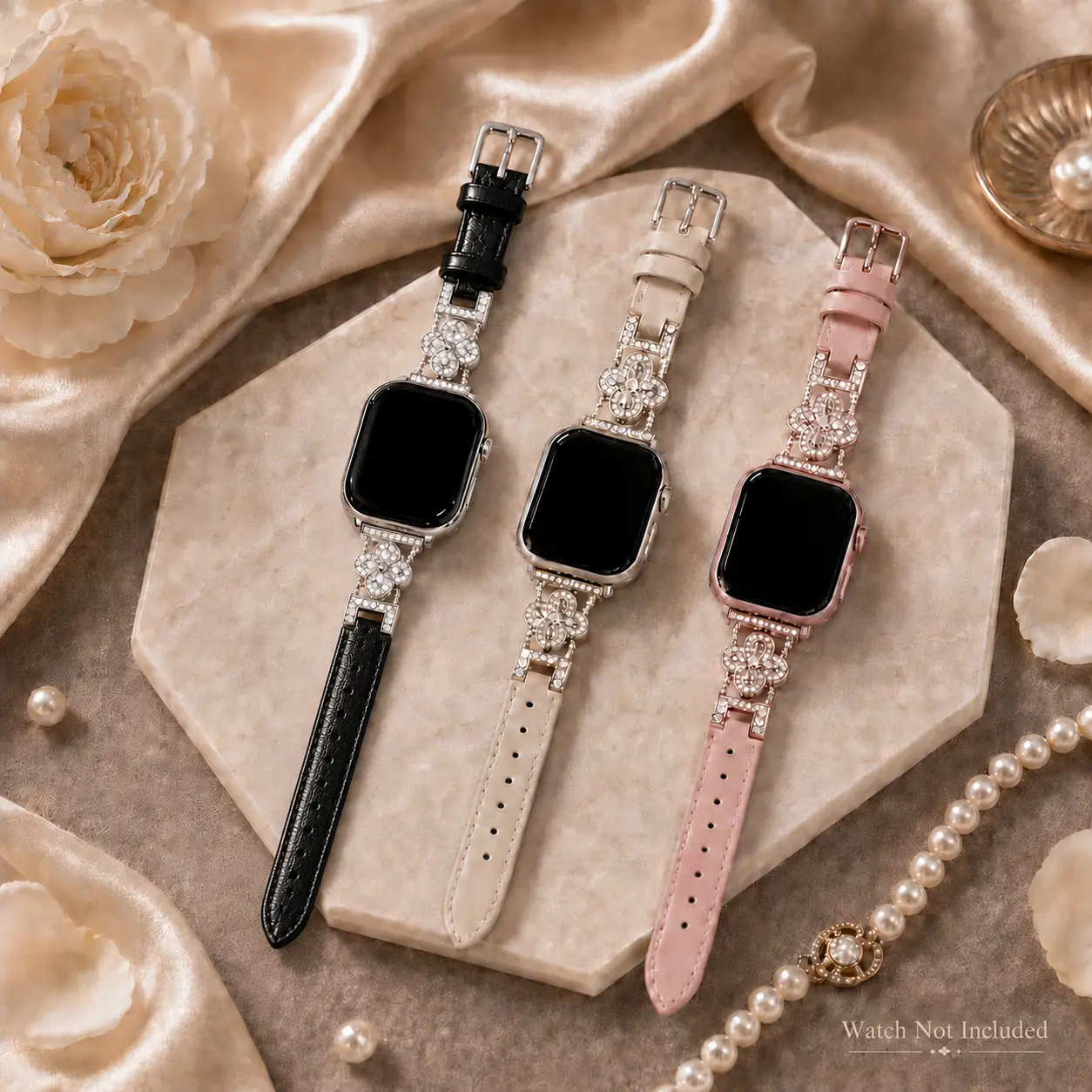 Sparkly 4-Leaf Clover Leather Watch Band (Band Only), Rhinestone Fashion Replacement Strap Compatible with Apple Watch, Fits 38/40/41mm & 42/44/45/46/49mm, Black/White/Pink, Acessaries