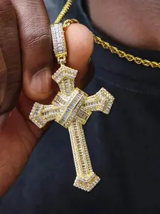 Iced Out Cross Necklace, Baguette & Round Cut Cubic Zirconia Cross Pendant with 20 Inch Rope Chain, Hip Hop Religious Jewelry for Men, Bling Christian Pendant Necklace
