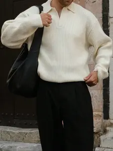 Men's Fall Winter Polo Collared Sweater, Casual Loose Fit Knit Pullover, Simple Ribbed Design, Versatile Leisure Style, Long Sleeve