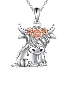Highland Cow Silver Color Pendant Necklace, Cute Scottish Highland Cow Charm, Unisex Casual Jewelry Gift for All Occasions