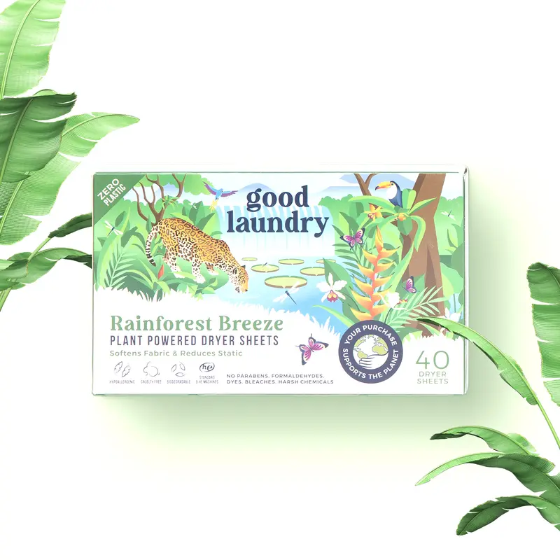 Rainforest Breeze Scented Dryer Sheets, Reduce Static, Infused with Essential Oils, No Harsh Chemicals, Biodegradable, Hypoallergenic, No Plastic