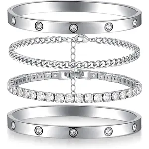 Bracelets Sets for Women 4 count Love Bangle Bracelet Cubic Zirconia Tennis Cuban Chain Stacking  for Love /