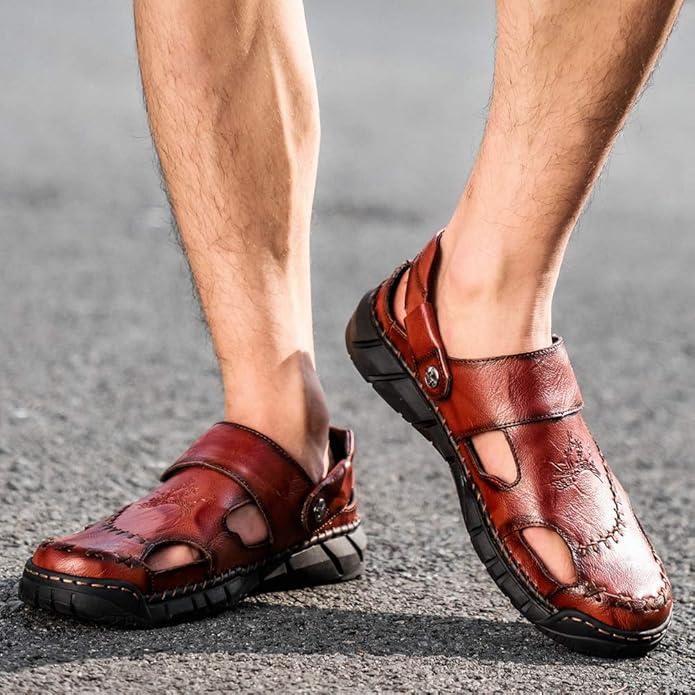 GREKS Men's Casual Hiking Beach Sandals Hand-Stitched Hollow Slip-on Wide Fit Non-Slip Breathable Dark Brown Black