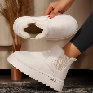 Women's Snow Boots Fleece Lined Elastic Side Ankle Boots Chunky Platform Warm Winter Indoor Outdoor Shoes